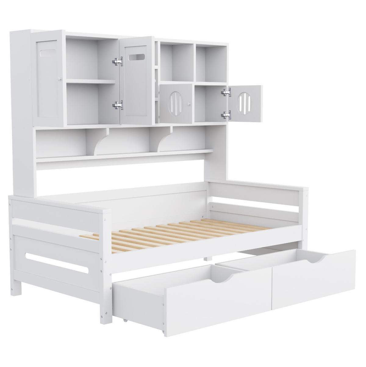 KREVET 90/200 cm s multifunkcionalnim spremištem, 2 velikim ladicama i letvičastim podnicama, Bijela - bijela, drvni materijal (90/200cm) - Redom