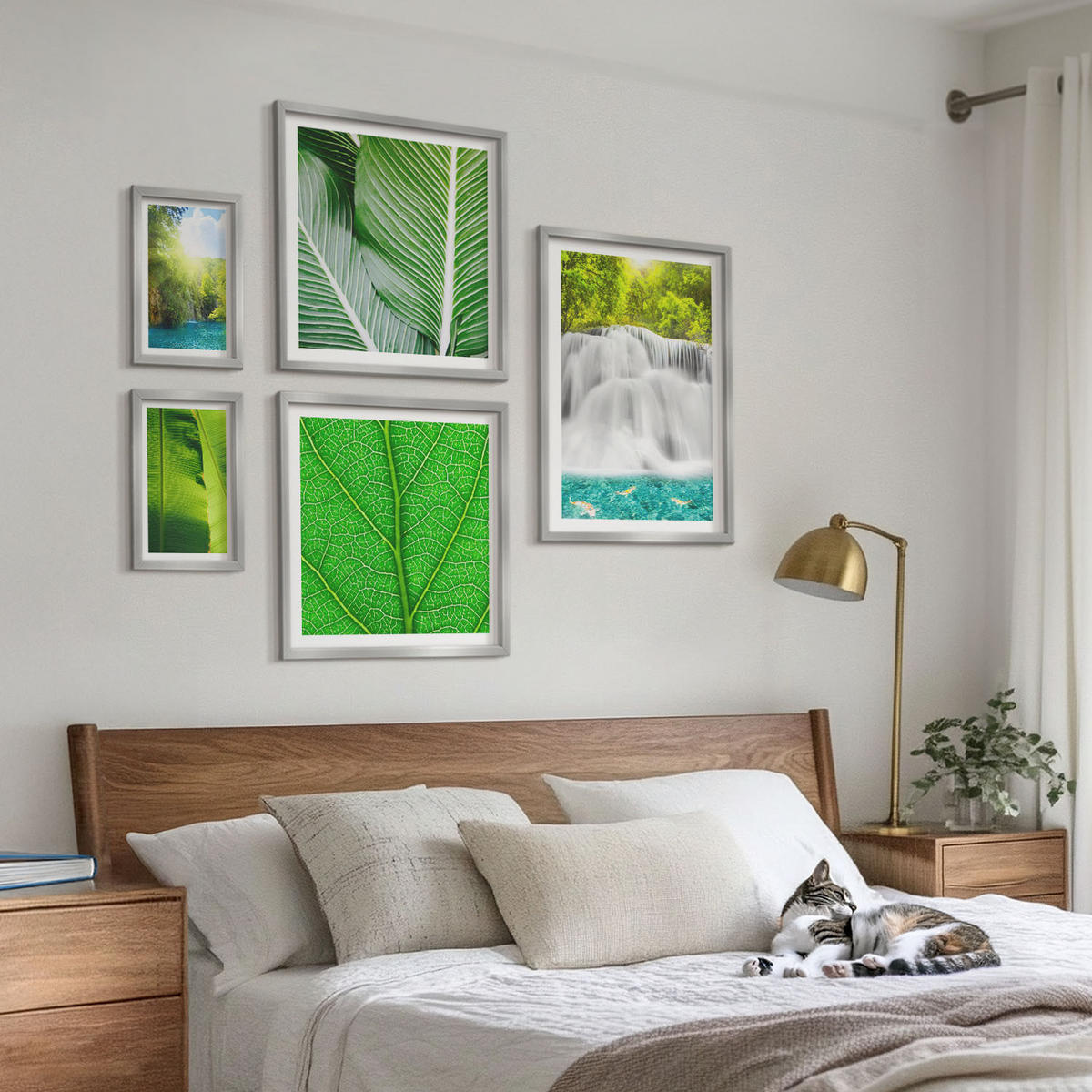 WANDBILDER 5er Set - 50x50 cm & 20x30 cm & 40x60 cm Silberner Rahmen - Nahaufnahme von tropischen Blättern - Silberfarben, Kunststoff (40/60cm) - ArtPrintCave