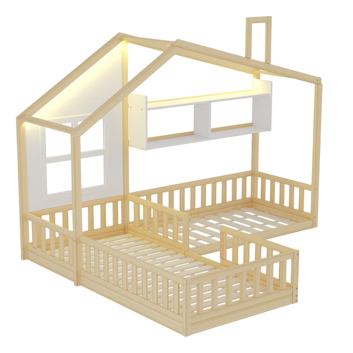 KINDERBETT 90/200 cm DE-01547, in Holzfarbe, mit LED, Regalen und Sicherheitsgitter - Naturfarben, Holz (90/200cm) - ComfortXL