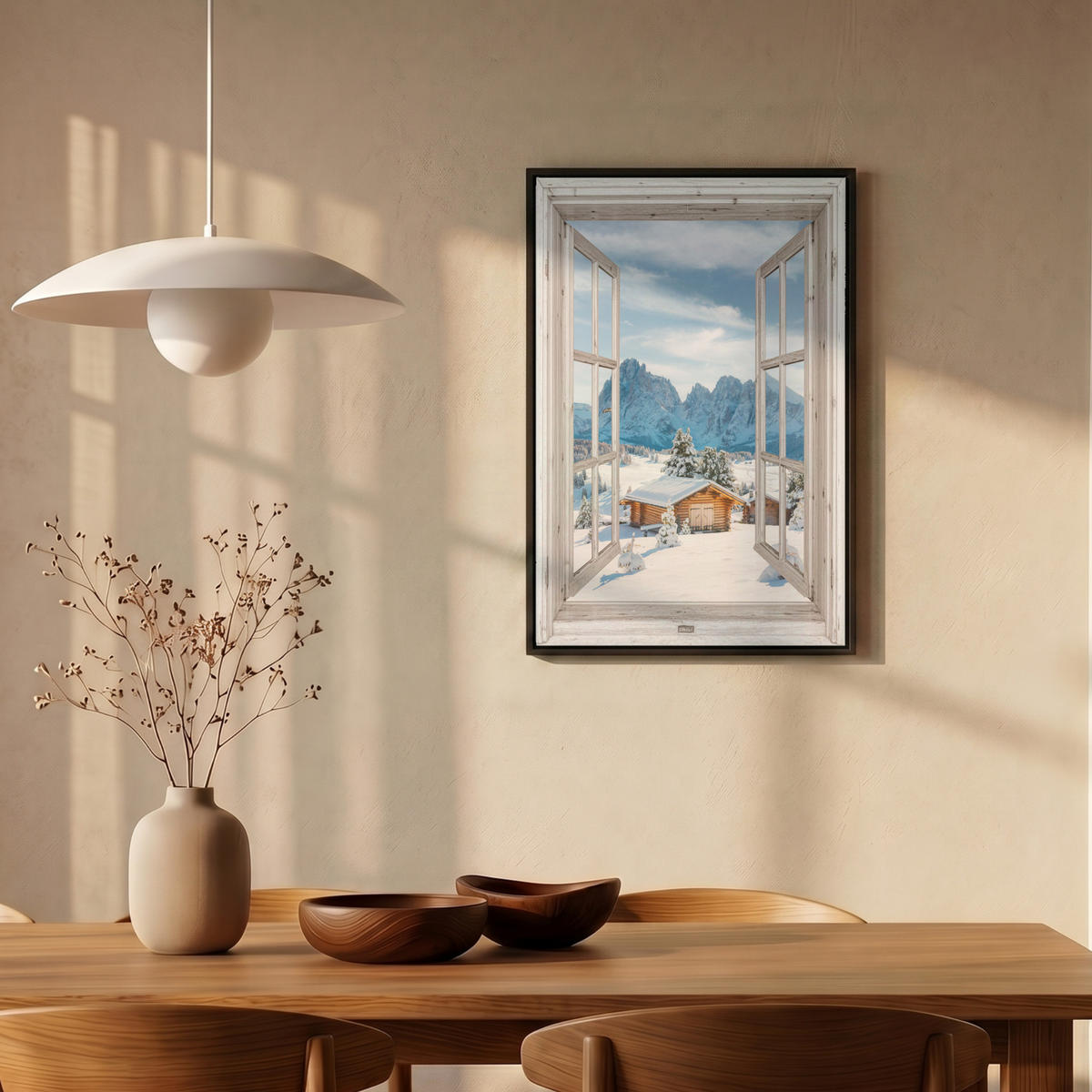 LEINWAND Bilder mit Rahmen - Winterlandschaft - Hütte - Berge - Ausblicke - Aussicht - Natur - 40x60 - Weiß Hochglanz, Textil (40/60cm) - MuchoWow
