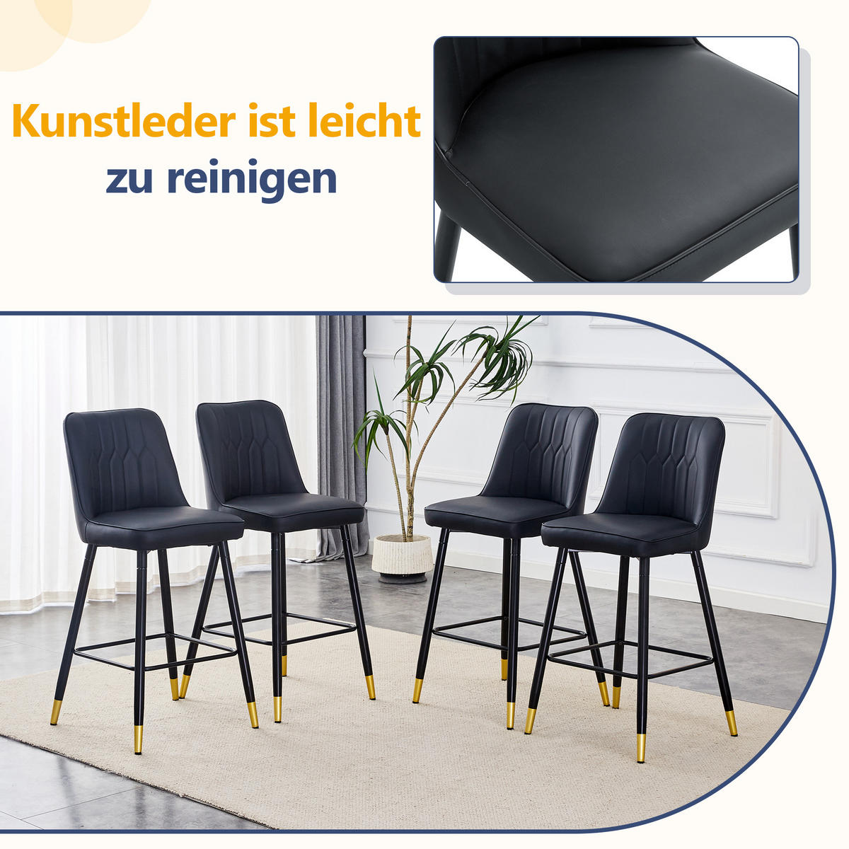 BARHOCKER 2er-Set Schwarz mit PU-Leder und Fußraste - Schwarz, Metall (42/100/45cm) - PANGIVO