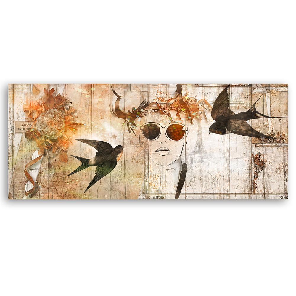 WANDBILD frauengesicht und vögel - Beige, Textil (90/30cm) - Feeby