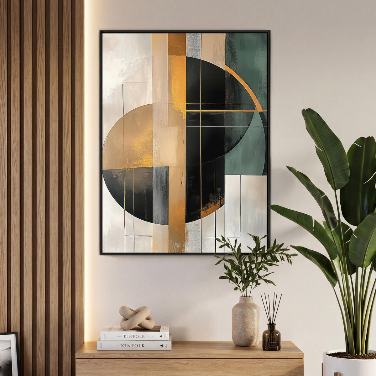 LEINWAND Bilder mit Rahmen - Abstrakt - Gold - Bronze - Grün - Formen - Modern - 70x100 - Multicolor, Textil (70/100cm) - MuchoWow