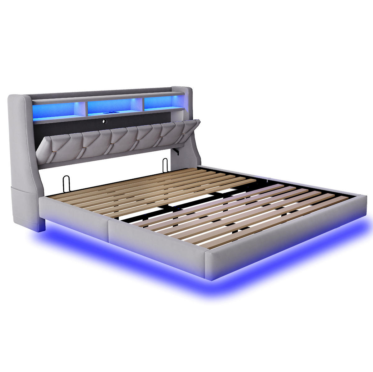 ČALOUNĚNÁ postel 180/200 cm světle šedá z sametu s LED osvětlením a úložným čelem - šedá, textil (180/200cm) - OKWISH
