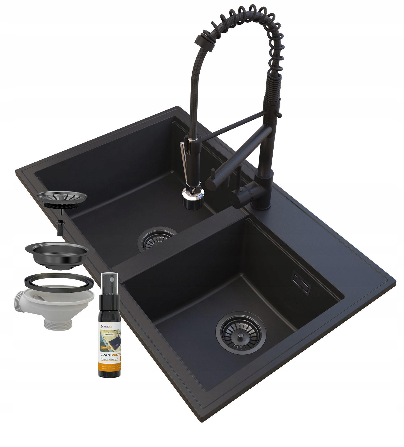 GRANITSPÜLE Hektor mit Siphon Batterie - Schwarz, Kunststoff/Stein (80/50/20cm) - Granitan