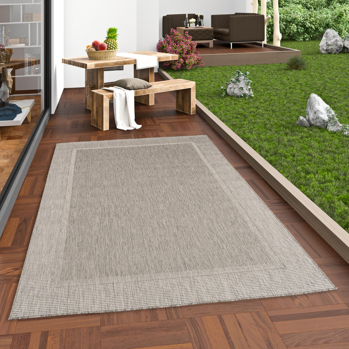 IN & OUTDOOR TEPPICH NATUR VALENCIA BORDÜRE - Anthrazit, Textil (120/170cm) - Pergamon