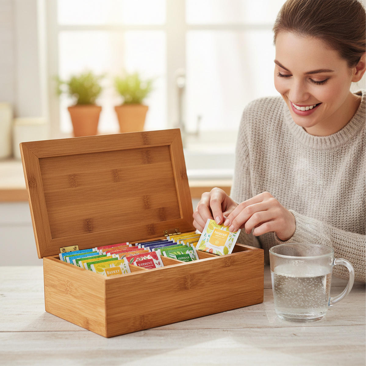 TEEBOX Natur Bambus lackiert 4 Fächer 27,5x15,5x9 cm - Hellbraun, Holz (16/9/28.5cm) - Relaxdays
