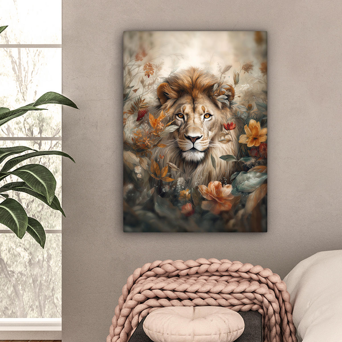 LEINWANDBILD Löwe - Wildtiere - Pflanzen - Natur - Blumen Wandbild Wohnzimmer 60x80 cm - Beige, Textil (60/80cm) - MuchoWow