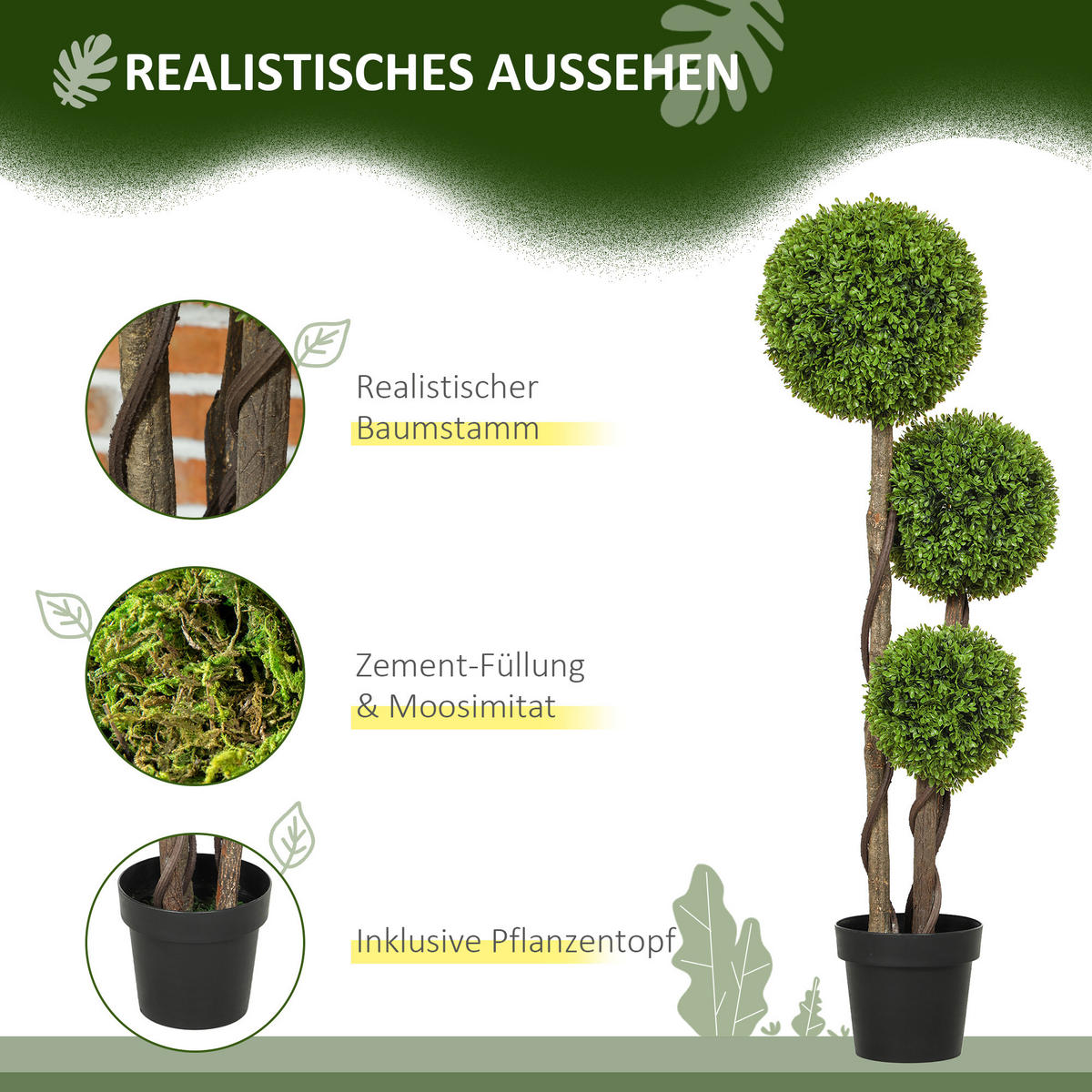 KÜNSTLICHER Buchsbaum, 115 cm Zimmerpflanze, Kunstpflanze, Dekopflanze Grün - Schwarz/Braun, Kunststoff (115cm) - HOMCOM