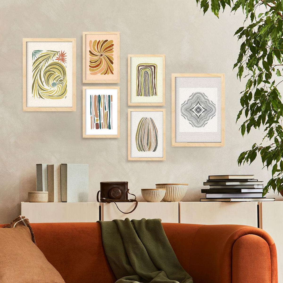 POSTER Set Mit 6 Drucken Von Linien In Der Sammlung Von Ethnischenen Ästhetische Dekorative Für Zuhause Wandkunstdruck A3 & A4 Rahmen Aus Hellem Holz - Beige, Papier (29/3cm) - Nacnic