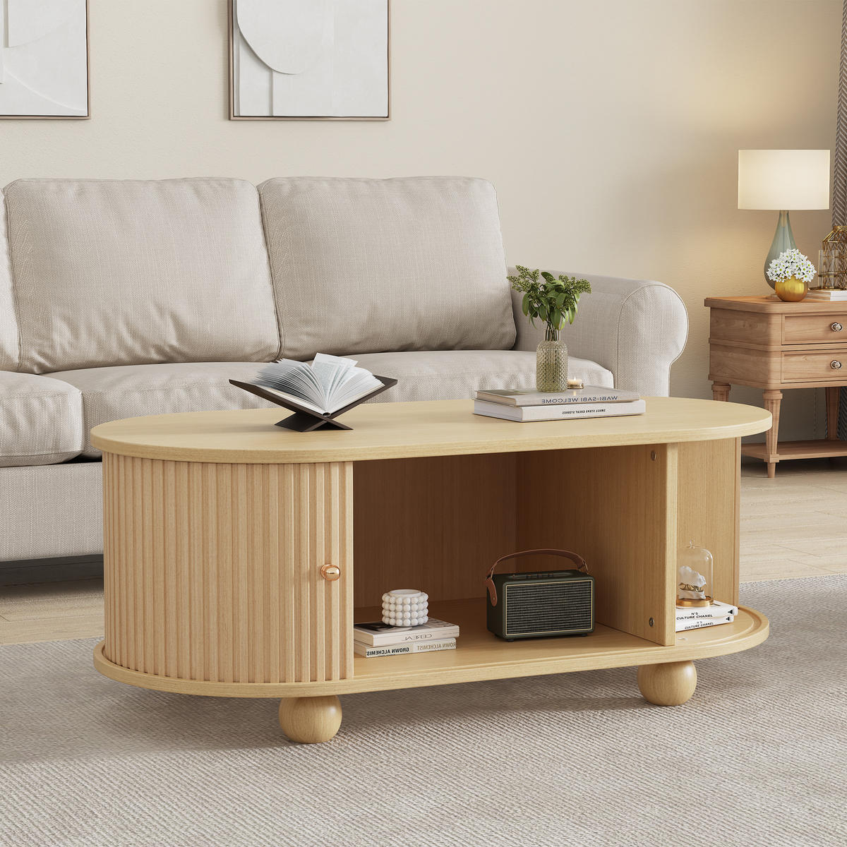 COUCHTISCH Oval Stauraum Schiebetüren Holzfarben Multifunktion - Naturfarben, Holzwerkstoff (100/50/40cm) - FLIEKS