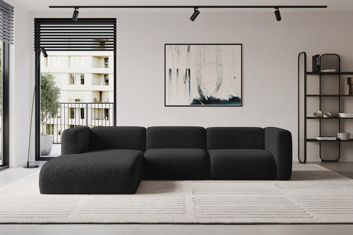 ECKSOFA Ottomane Links MIRA-L2 318x179x89 Schwarz Velours - Schwarz, Holzwerkstoff/Kunststoff (318/179cm) - ALTDECOR