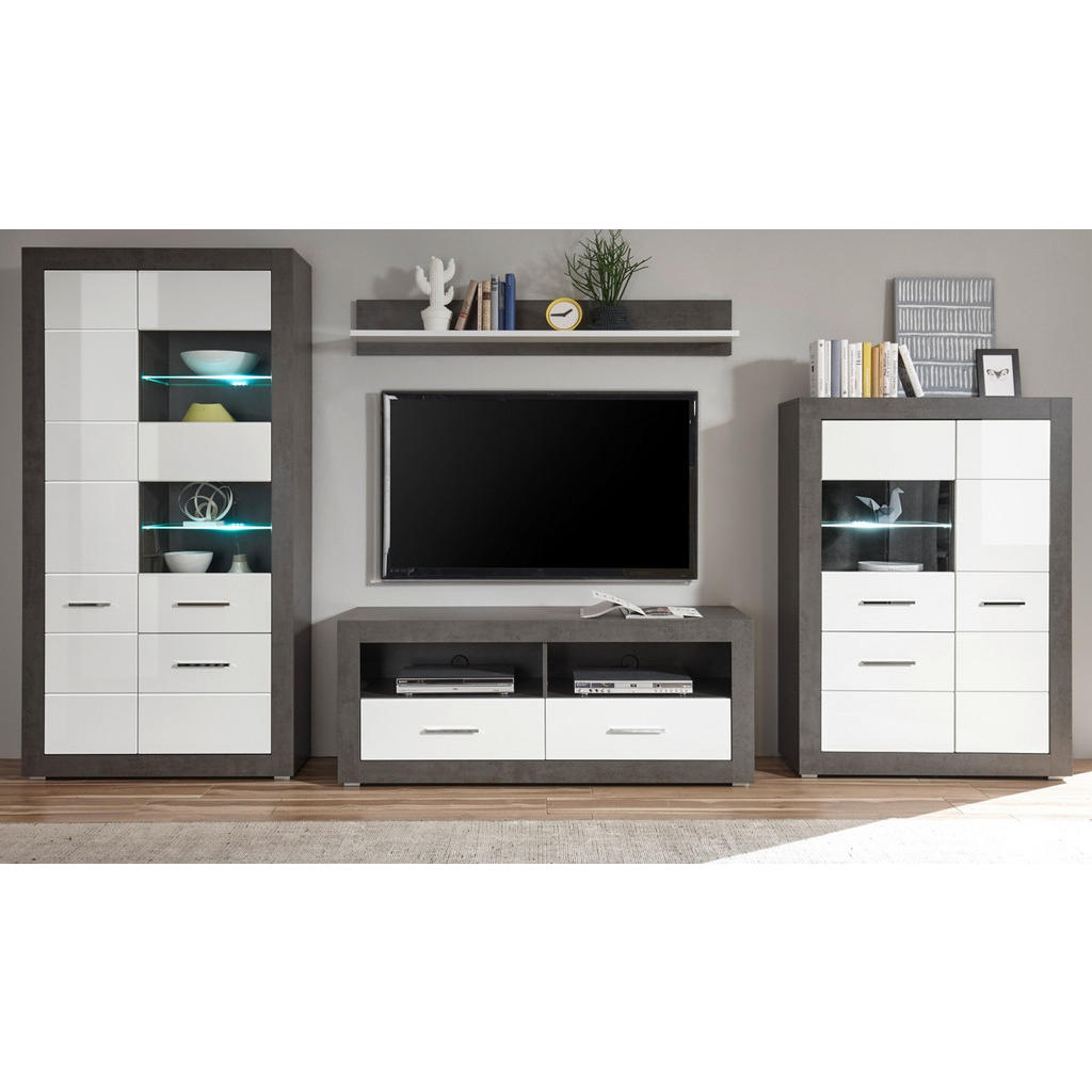 Thumbnail - Furn.Design Wohnwand, Weiß Hochglanz, Grau, Metall, Nachbildung, Uni, 7 Fächer, 2 Schubladen, 370x198x45 cm, Wohnzimmer,...