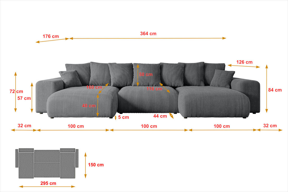 WOHNLANDSCHAFT mit Schlaffunktion ESKAR-U -364x176x84cm Grau Cord - Dunkelgrau/Schwarz, Holzwerkstoff/Kunststoff (364/84/176cm) - ALTDECOR