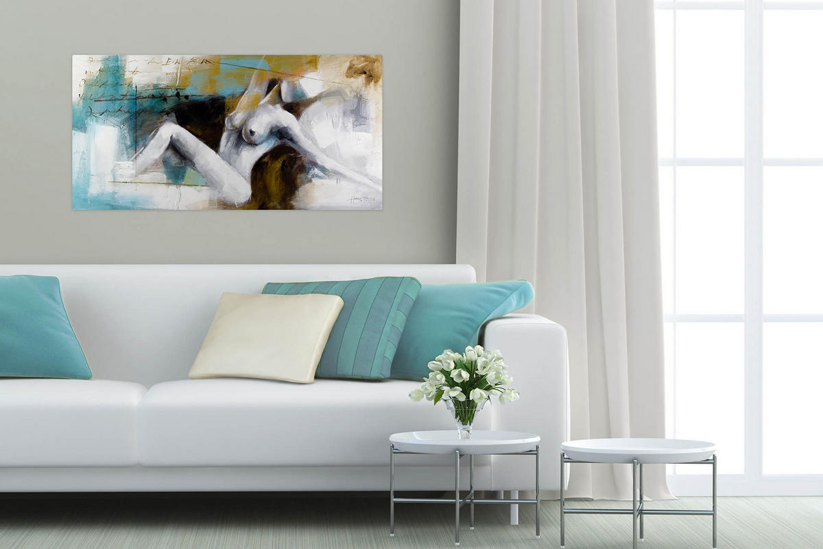ÖLGEMÄLDE 120/60 cm - Petrol/Weiß, Holz/Textil (120/60cm) - KUNSTLOFT