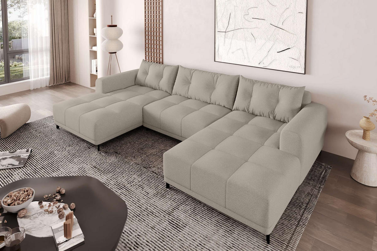 WOHNLANDSCHAFT Strukturstoff Beige inkl. Schlaffunktion - Beige/Schwarz, Textil/Metall (348/94/181cm) - 99rooms