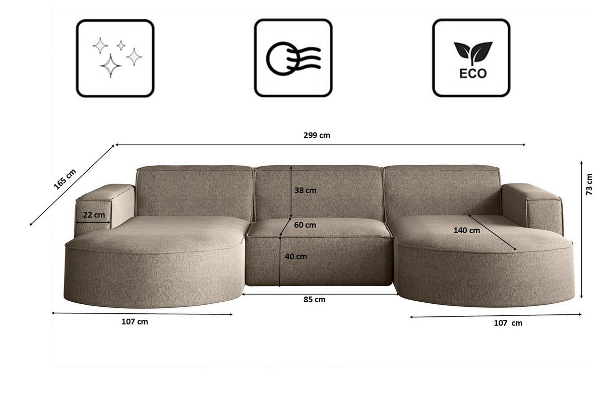 ECKSOFA U-Form MODENA STUDIO Stoff Verita Warmbeige - Cappuccino, Holz (165/299cm) - Kaiser Möbel