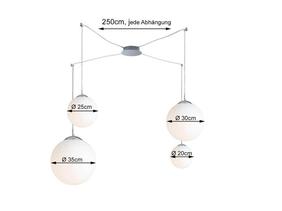 LED-PENDELLEUCHTE Glaskugel Lampenschirme, höhenverstellbar bis 250cm - Silberfarben/Weiß, Glas/Metall (80/80/250cm) - meineWunschleuchte