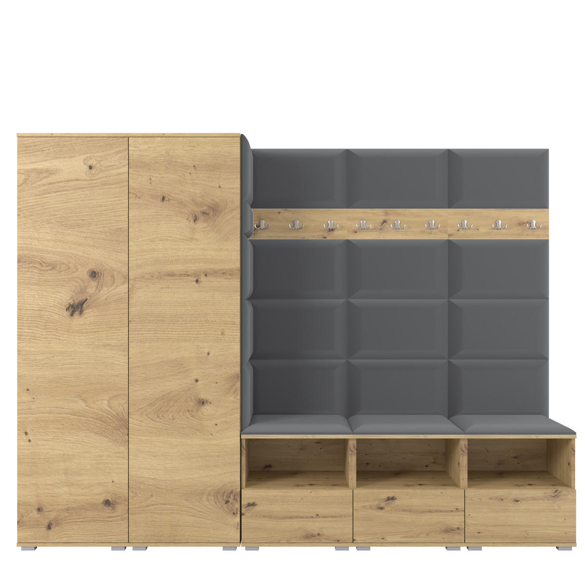 GARDEROBE NELA VII 250 cm (Modulare Flurmöbel XL Artisan Eiche mit Sitzpolster Dunkelgrau 15 2 Schränke) - Dunkelgrau/Silberfarben, Holz/Holzwerkstoff (250/187/40cm) - Ravio