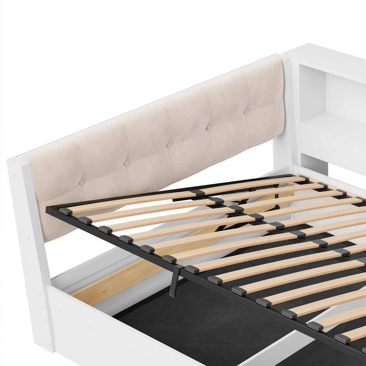 BETT 140/200 cm in Weiß mit Bettkasten, Regal und USB aus Kiefernholz und MDF - Beige/Weiß, Holzwerkstoff/Textil (140/200cm) - STILVORA
