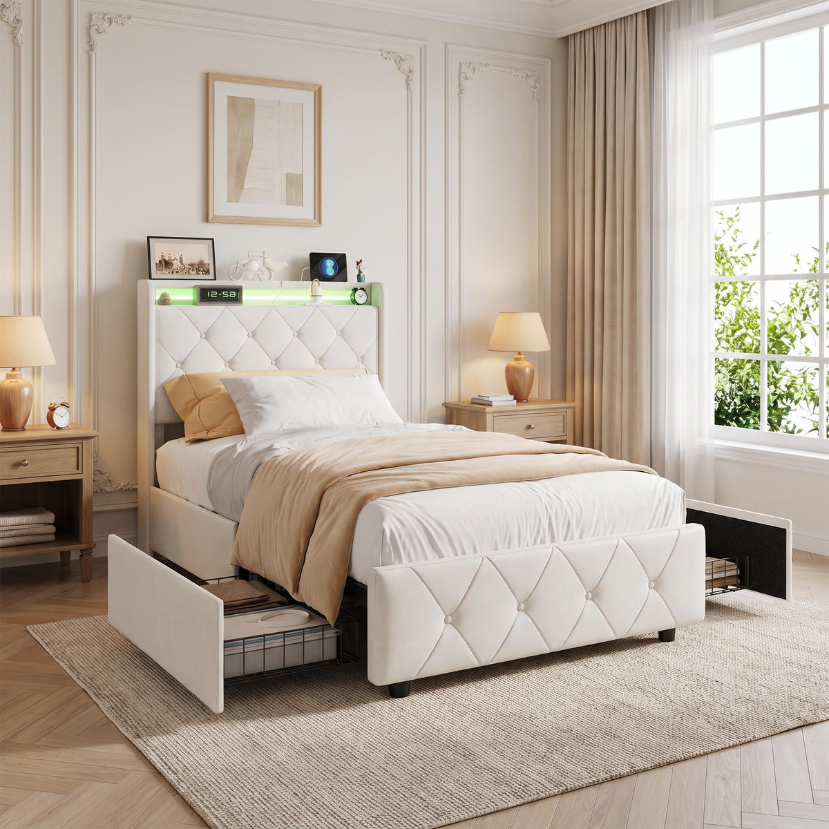 POLSTERBETT, LED-Beleuchtung Einzelbett 90x200cm mit Ladefunktion und 2 Schubladen, Samt, beige - Beige, Holz/Holzwerkstoff (90/200cm) - GENKI LIVING