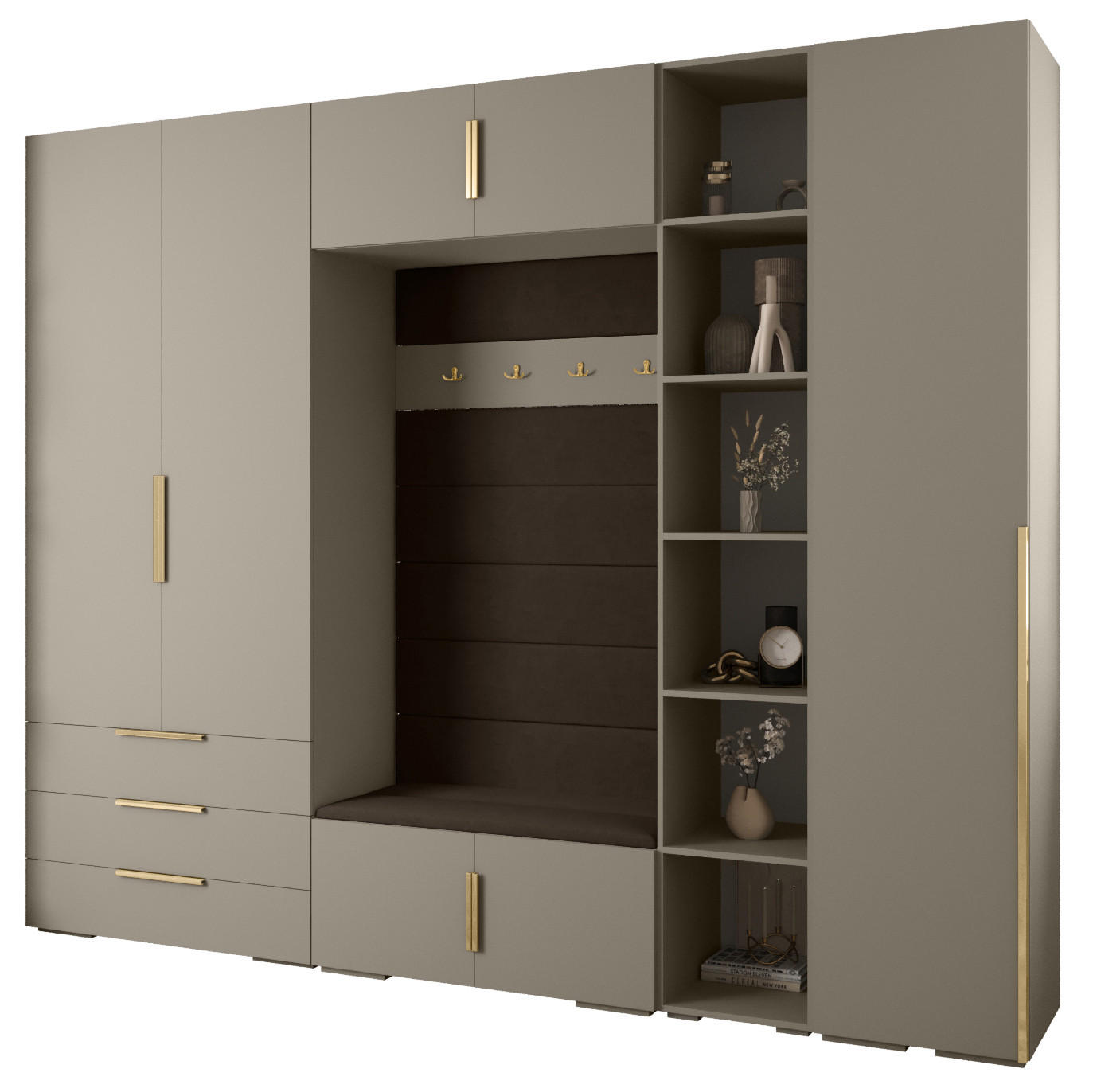 Abiks Möbel Garderoben-Set Kaschmir, Braun, Gold 290x236.7x47 cm