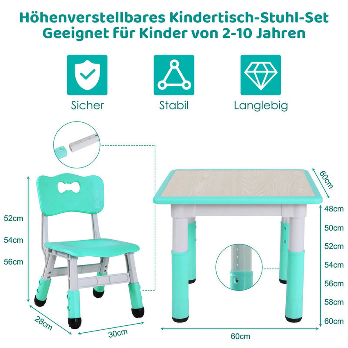 KINDERSITZGRUPPE Türkis Höhenverstellbar - Grün, Kunststoff (60/48/60cm) - Bextsrack