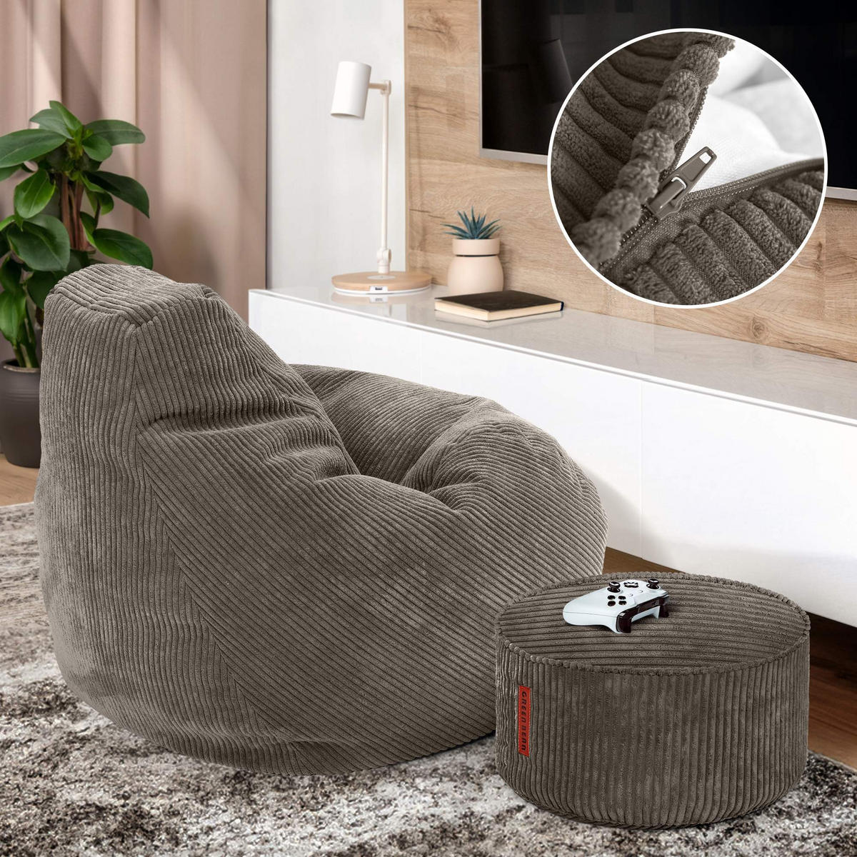 LOUNGE-SITZSACK Cozy + Fußhocker - Dunkelgrau, Textil (80/90/90cm) - Green Bean
