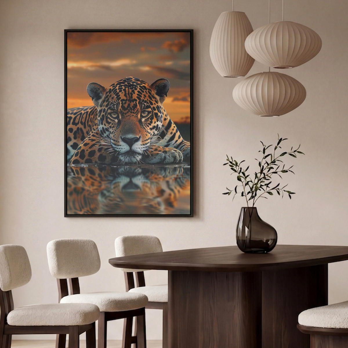 LEINWAND Bilder mit Rahmen - Natur - Leopard - Tier - Sonnenuntergang - Modern - 90x140 - Orange, Textil (90/140cm) - MuchoWow