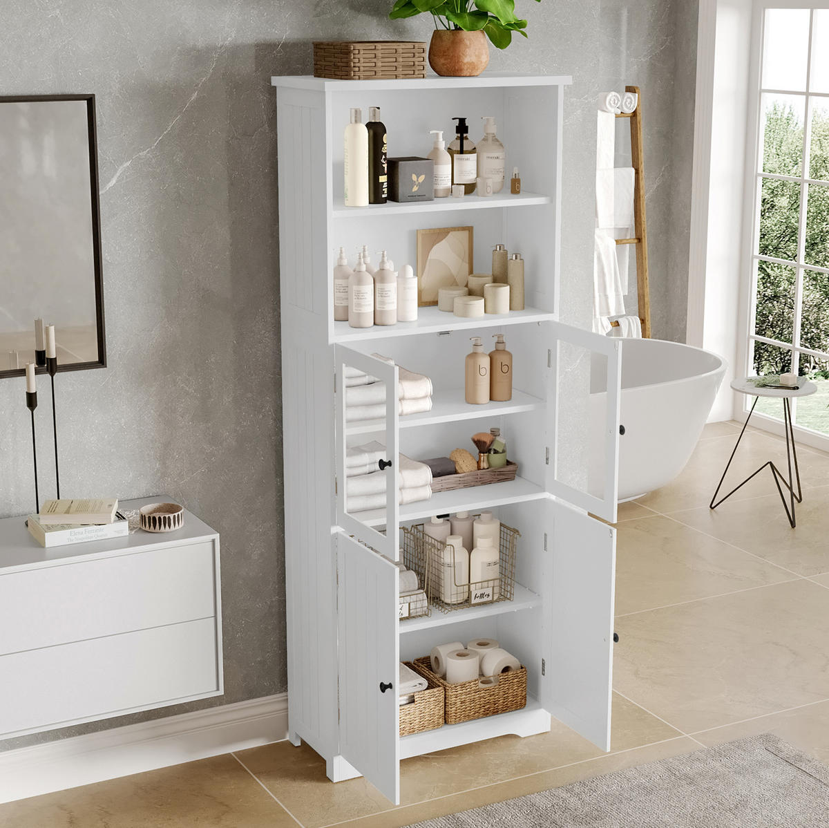 HIGHBOARD 57,5/28,5/160 cm in Weiß mit Glastüren und offenen Fächern - Weiß, Holzwerkstoff (57.4/160/28.5cm) - BEAOK