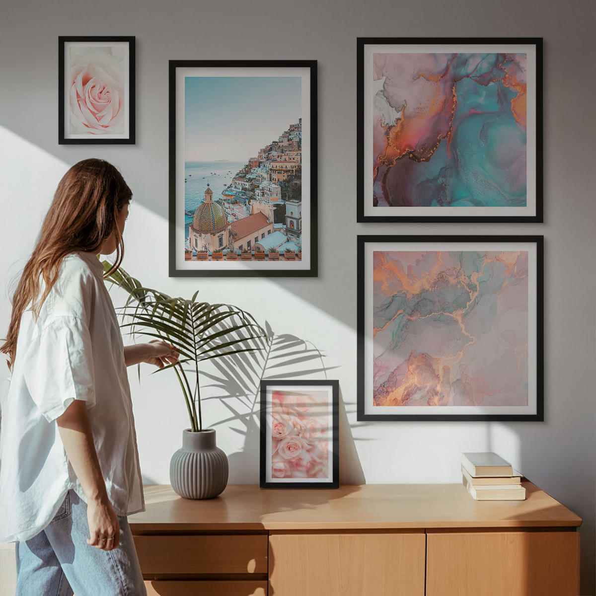 BILDER SET 5er Set - 50x50 cm & 20x30 cm & 40x60 cm Schwarzer Rahmen - Abstrakte Pastellmuster - Schwarz, Kunststoff (40/60cm) - TULUP