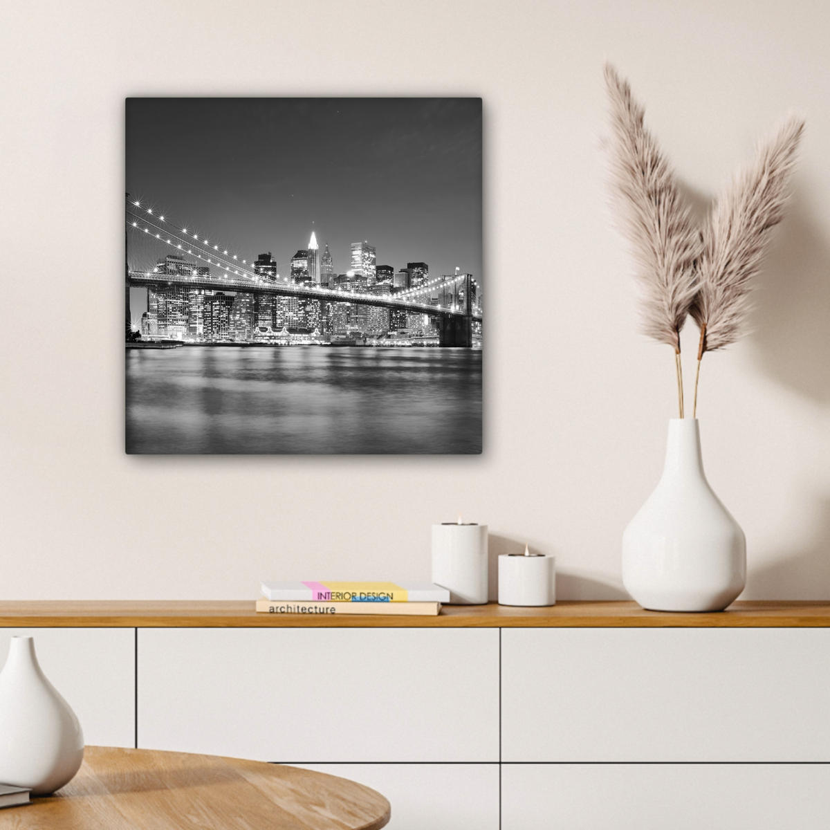 LEINWANDBILD - New York - Brücke - Brooklyn - Schwarz und weiß - Architektur - 50x50 - Room Decor - Schwarz, Textil (50/50cm) - MuchoWow