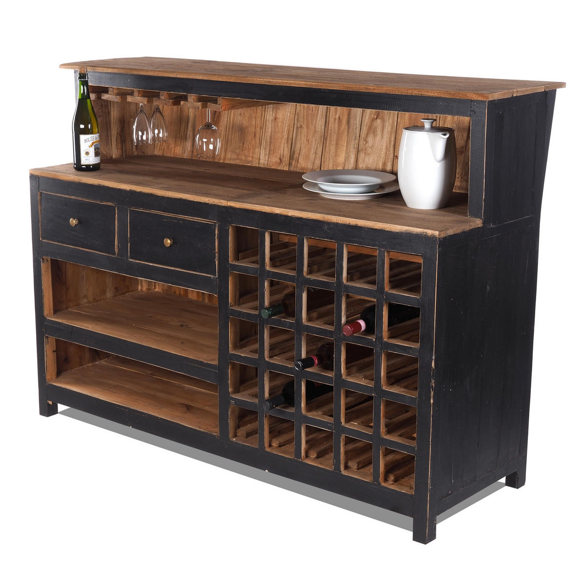BARSCHRANK PUREWOOD Recyclingholz massiv, Vintage-Look 09 voodoo - schwarz - Schwarz, Holz (150/110/55cm) - DESIGN DELIGHTS