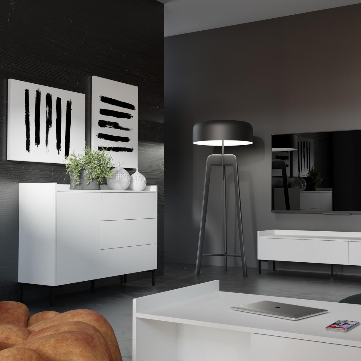 KOMMODE mit Schubladen Liam 1D3S 125 Weiß - Schwarz/Weiß, Holzwerkstoff/Metall (126/92/41cm) - mzm24