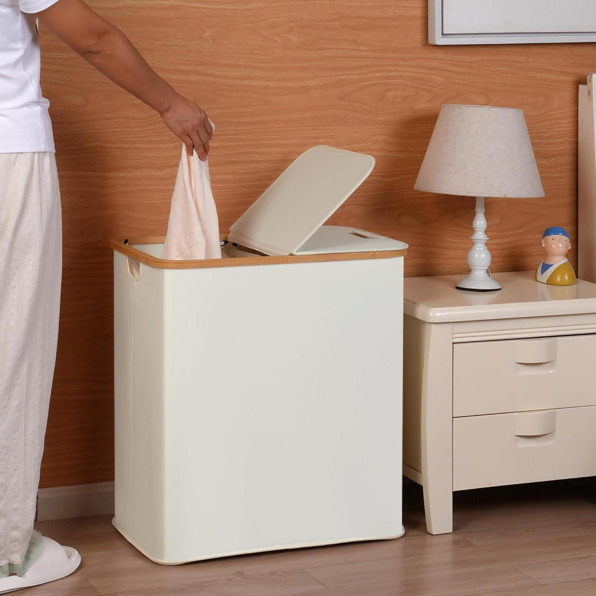 WÄSCHEKORB mit Deckel und 2 Fächern Beige 140L - Weiß, Naturmaterialien (37.1/65/56.9cm)