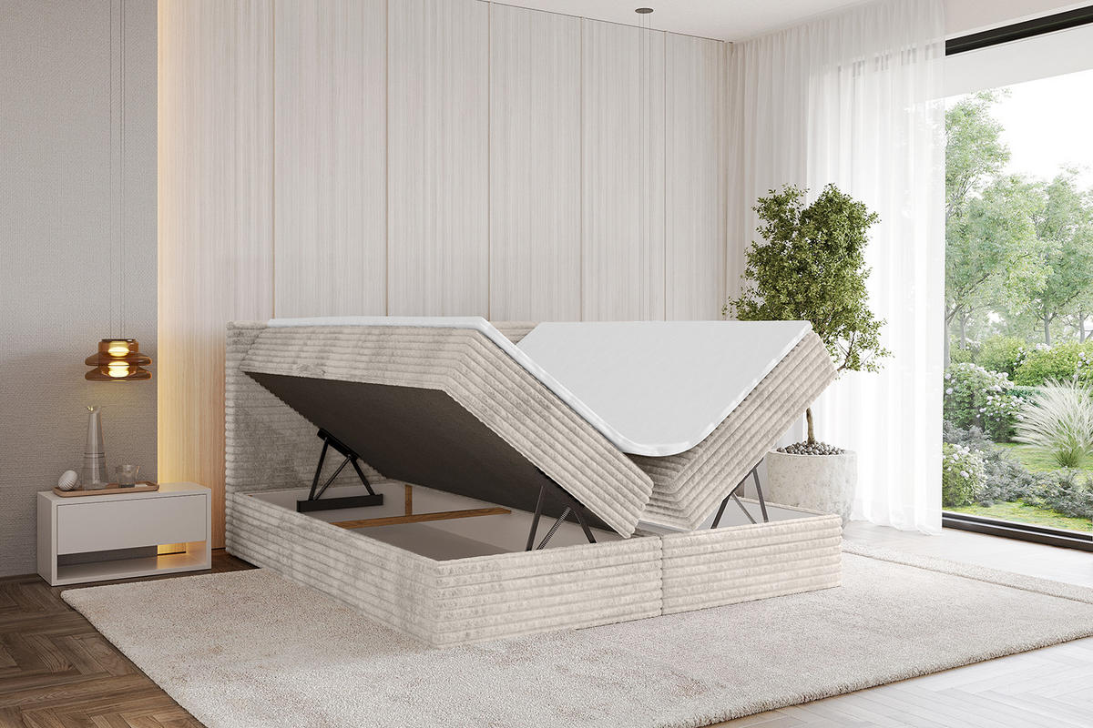 BOXBETT mit Matratze H4 und Lattenrost - TOLO-v1 - 200x200 Cord - Creme - Creme, Holzwerkstoff (200/200cm)