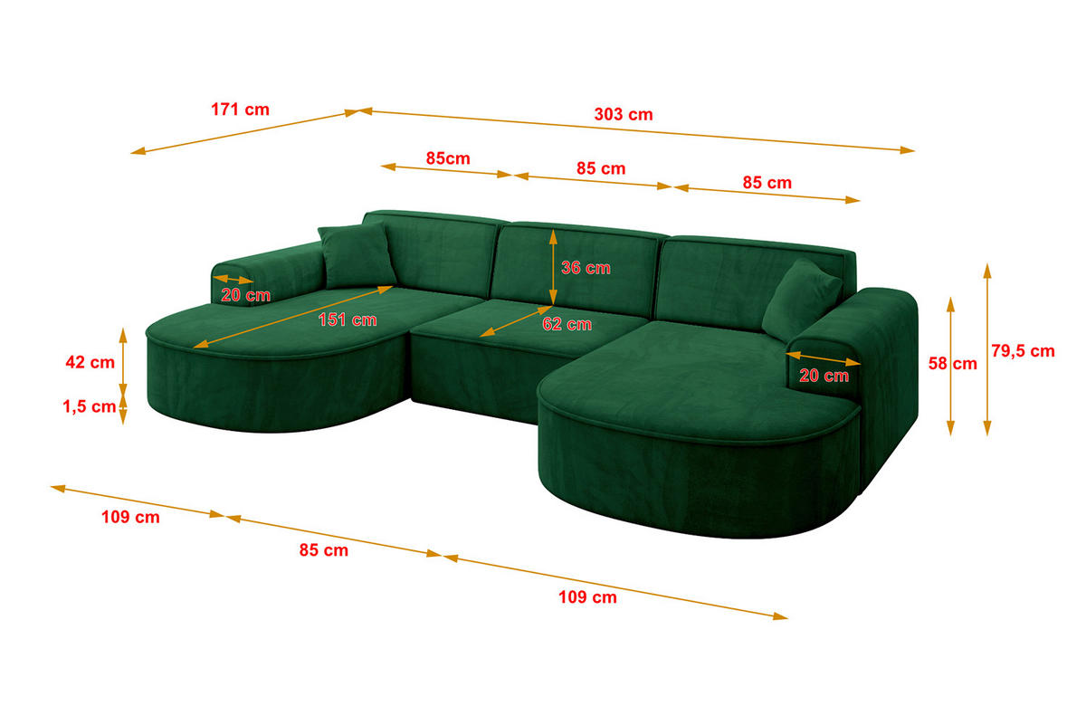 WOHNLANDSCHAFT MARI-U1 - 303x171x79 cm Dunkelgrün Velours - Dunkelgrün/Schwarz, Holzwerkstoff/Kunststoff (303/79/171cm) - ALTDECOR