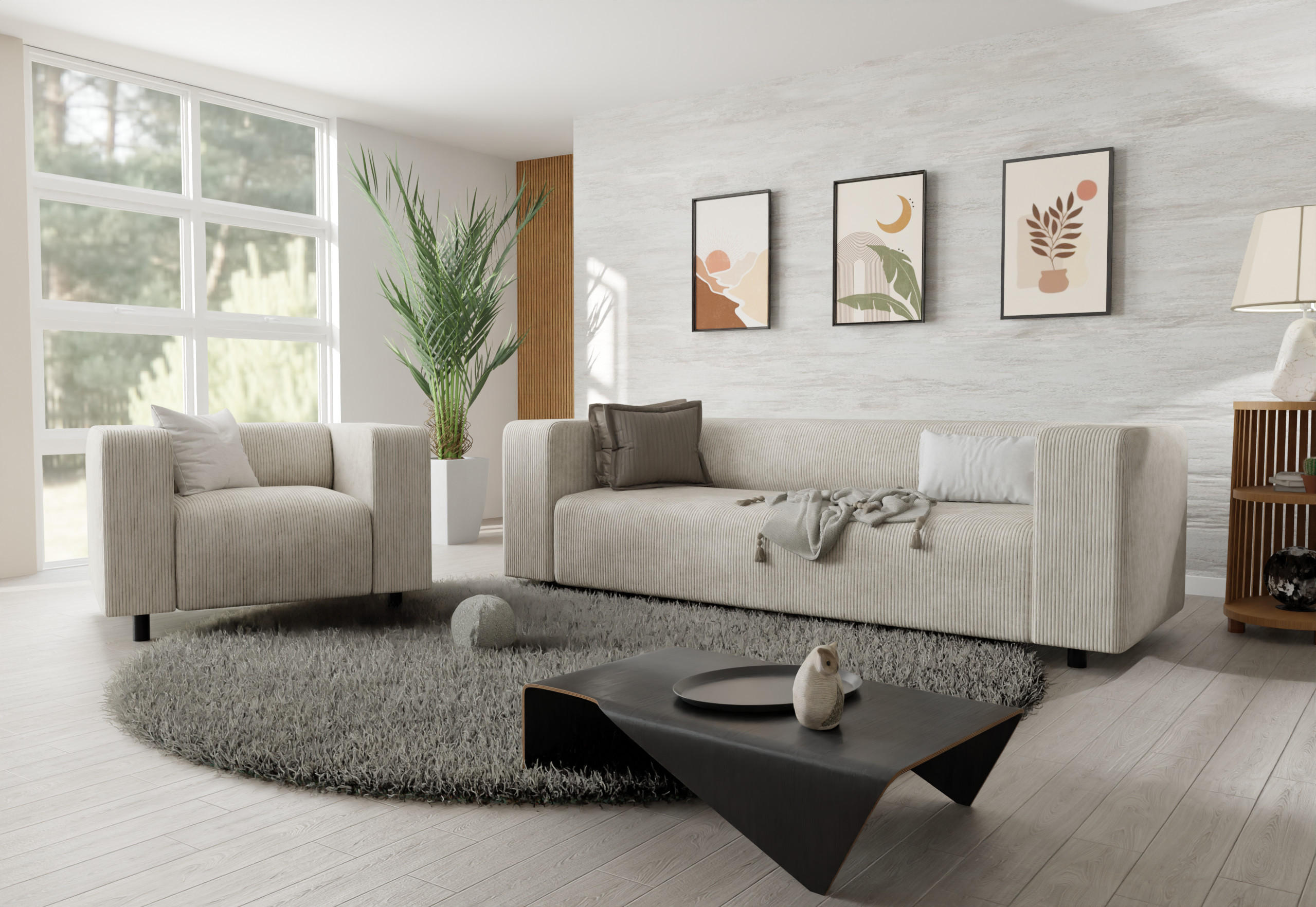 SITZGARNITUR 3+1 Tove Beige Cord - Beige/Schwarz, Holz/Kunststoff (175/65/80cm) - S-Style Möbel