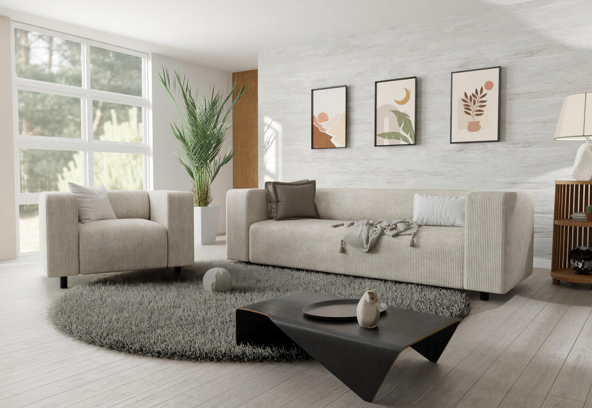 SITZGARNITUR 3+1 Tove Beige Cord - Beige/Schwarz, Holz/Kunststoff (175/65/80cm) - S-Style Möbel