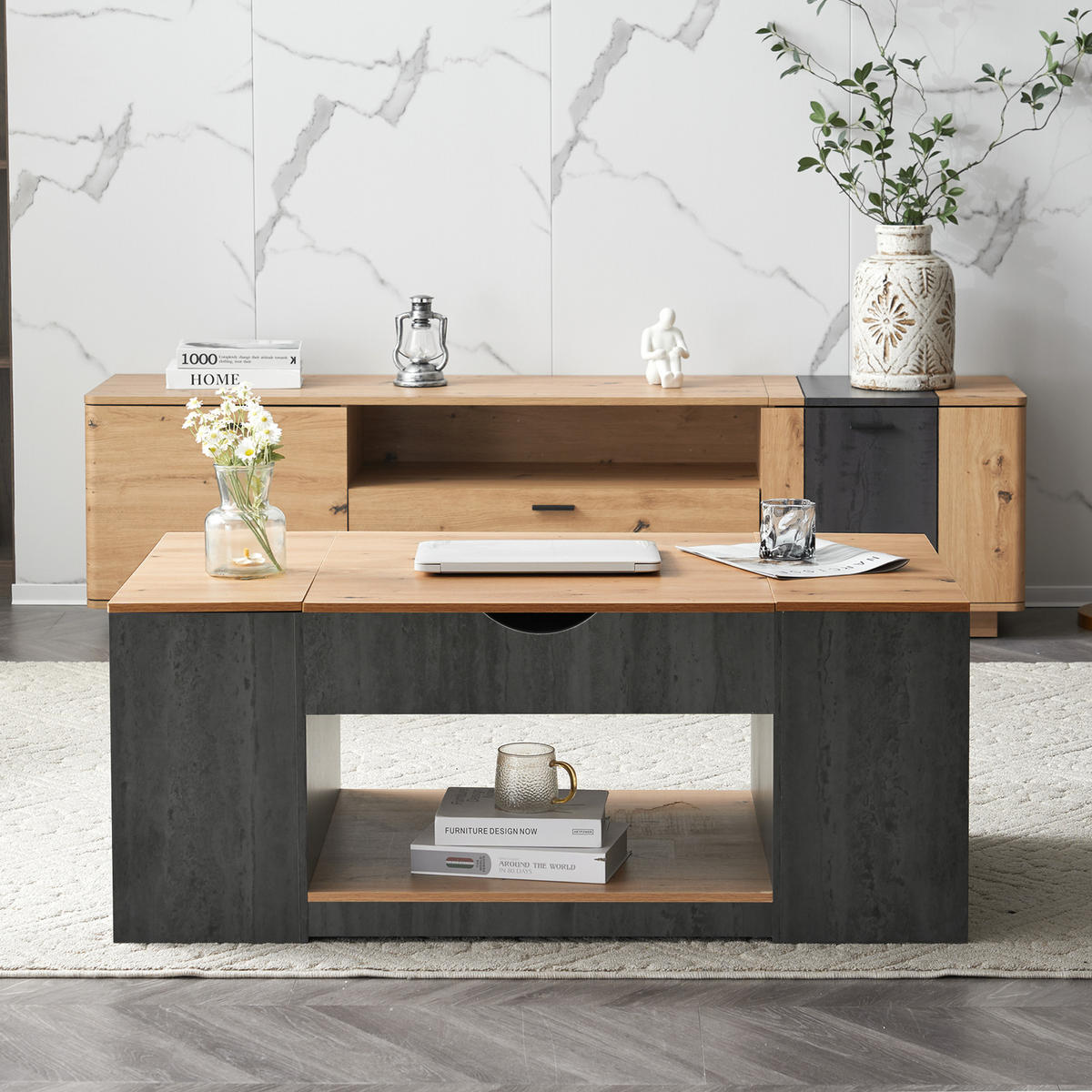 COUCHTISCH, höhenverstellbar mit Stauraum, MDF-Holzmaserung, grauer Korpus, 109,5/59,7/43 cm,Grau - Grau, Holzwerkstoff (59.7/109.5/57.4cm) - Redom