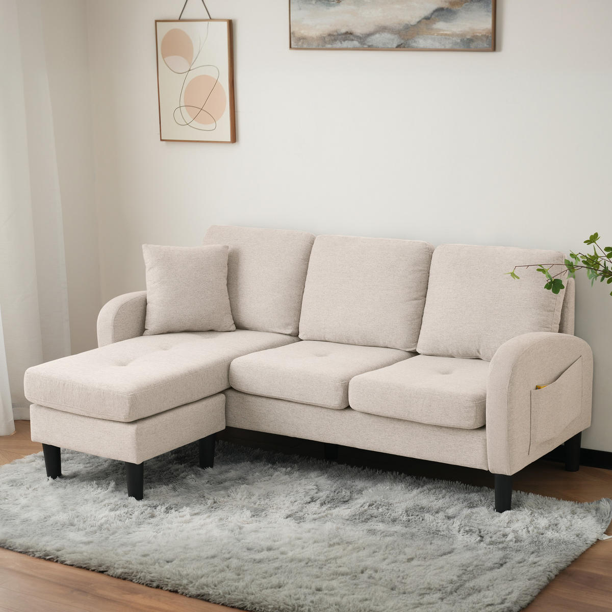 ECKSOFA 166x118x77cm Baumwoll-Leinen Chaiselongue 3-Sitzer - Beige, Holz (107.95/52.07cm) - FLIEKS