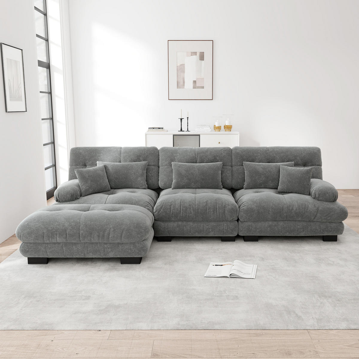 ECKSOFA aus Chenille Grau mit beweglichen Ottomane(n) und tiefem Sitzkomfort - Grau, Textil (313/145cm) - Modfu