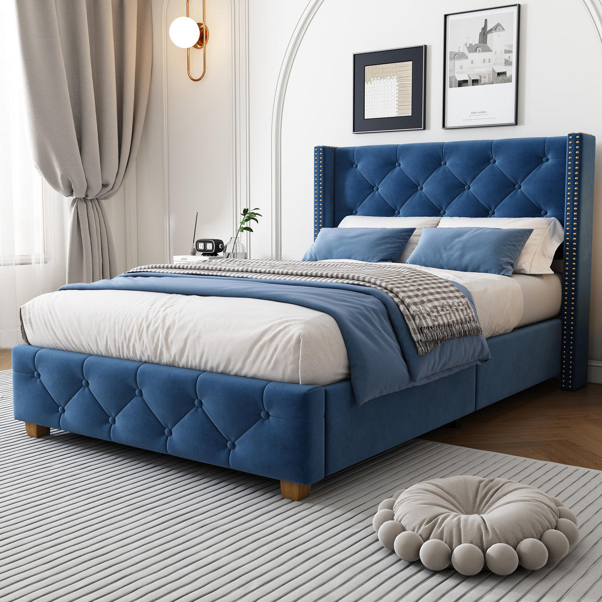 POLSTERBETT aus Samt 90x200 cm Blau mit Lattenrost, Kopfteil und Knopfheftung - Blau, Textil (90/200cm) - IVMEU