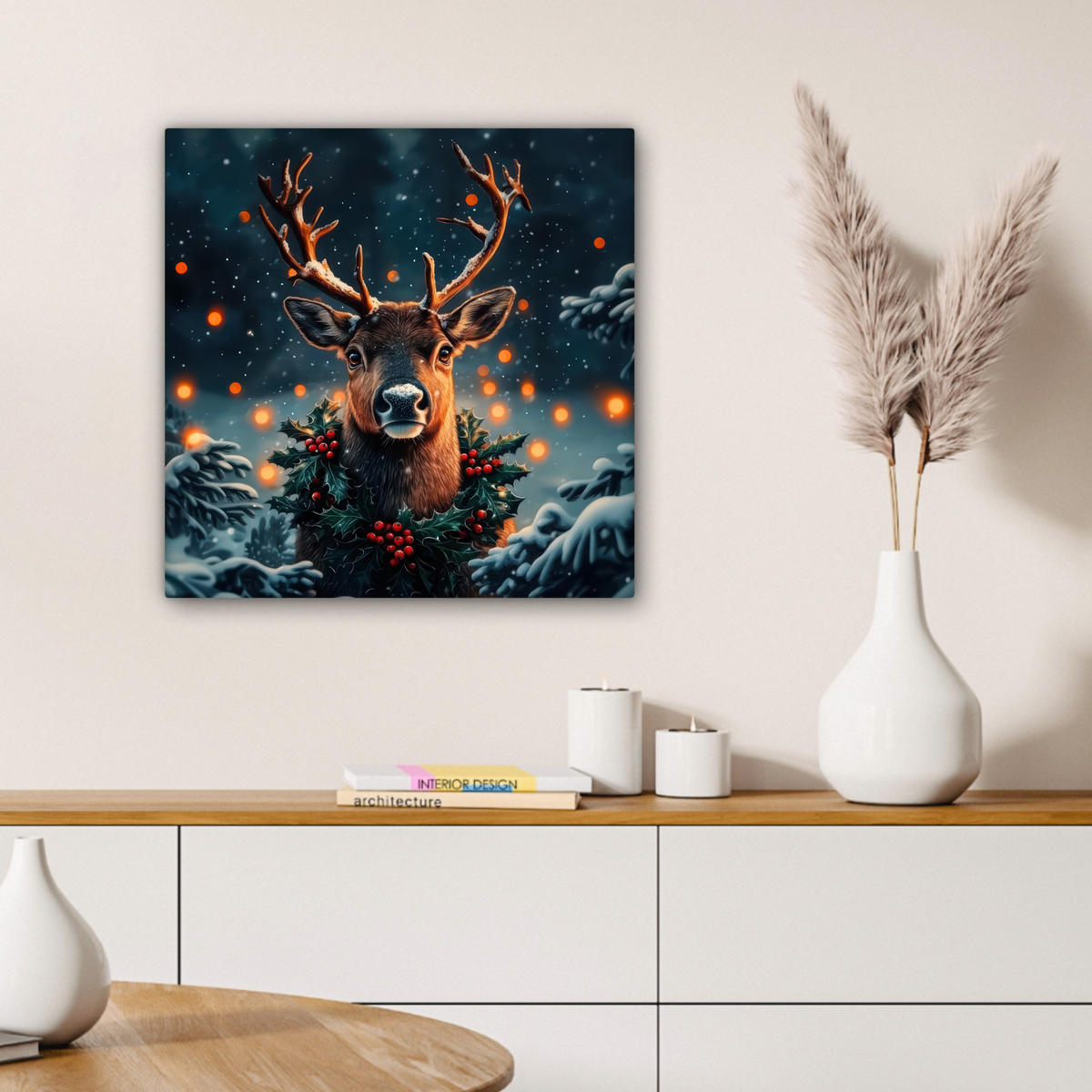 LEINWANDBILD Hirsch - Weihnachten - Winter - Schnee - Weihnachtskranz Wandbild Wohnzimmer 50x50 cm - Dunkelbraun, Textil (50/50cm) - MuchoWow