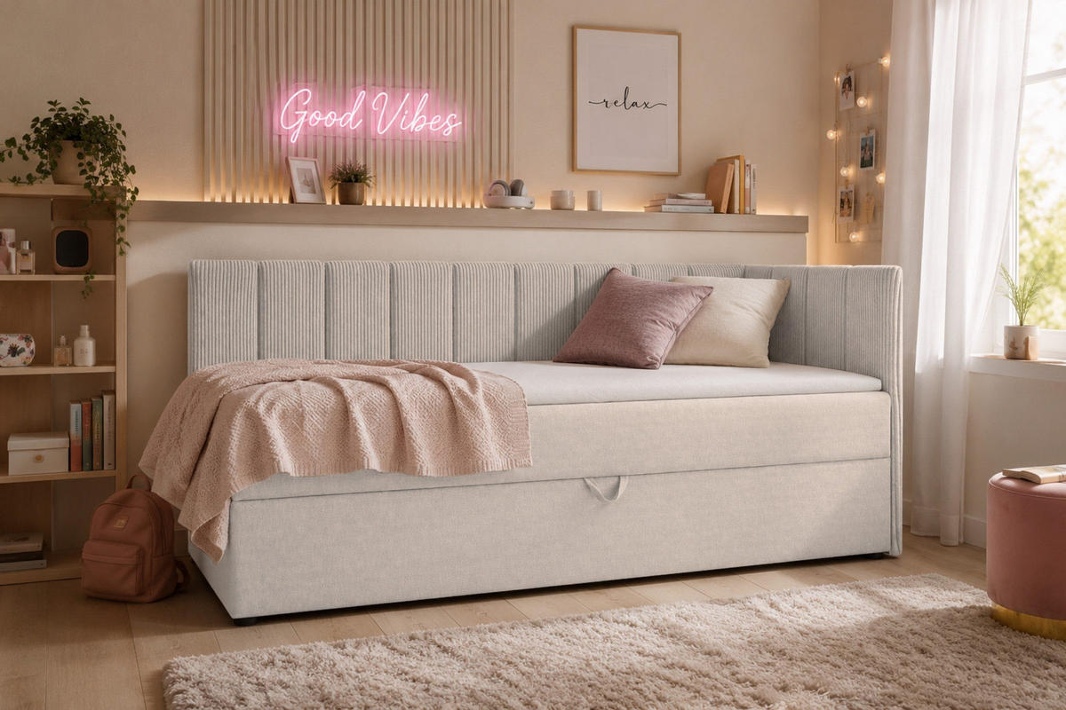 BOXBETT VIGO 90/200 cm in Cord/Velours Ecru H4 rechts - Ecru, Holz/Holzwerkstoff (90/200cm) - Deine Möbel 24