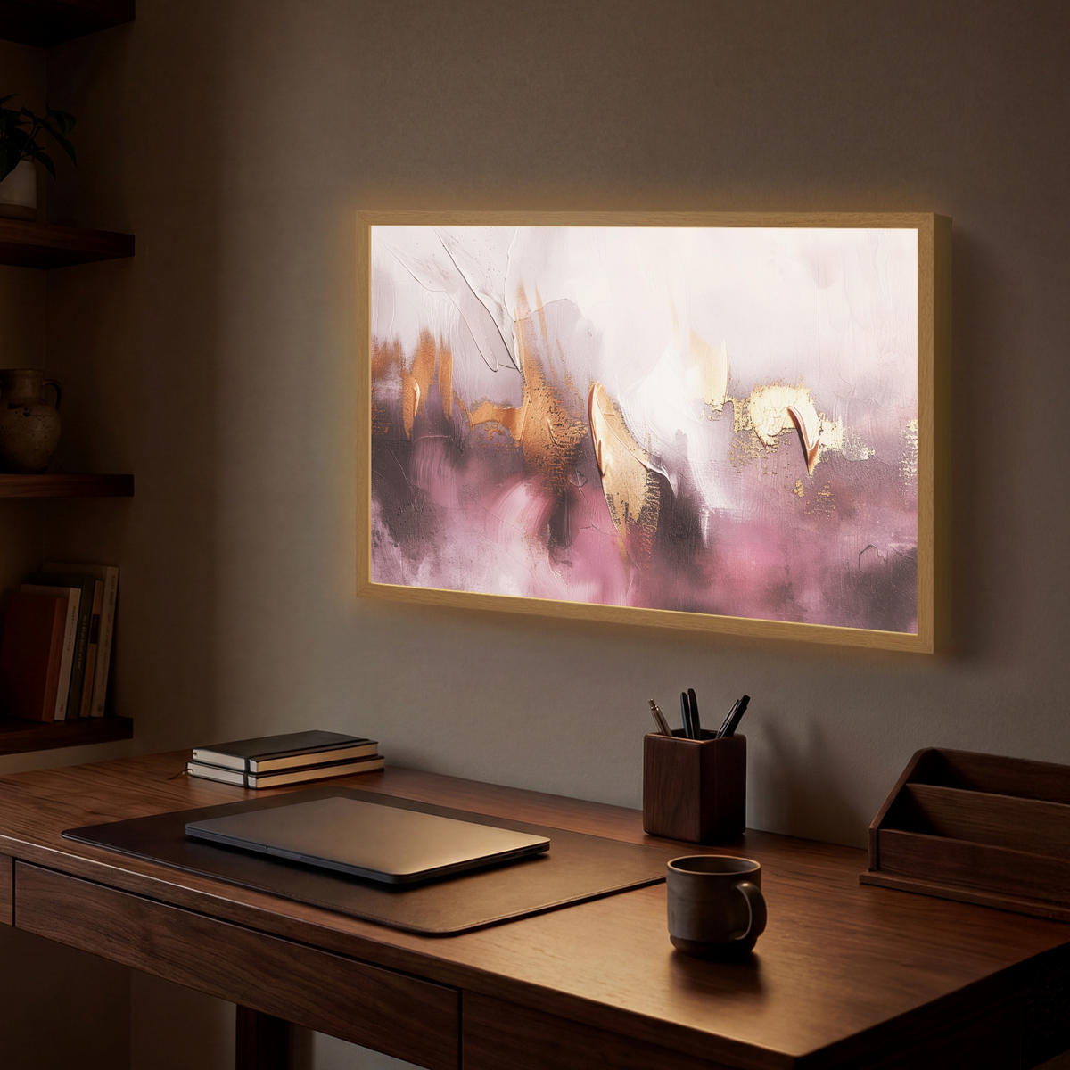 NÁSTĚNNÁ LAMPA S AKUMULÁTOREM Fialová - abstraktní - barva - zlatá 60x40 cm - světle fialová, kompozitní dřevo (60/40/8cm) - OnlyWow
