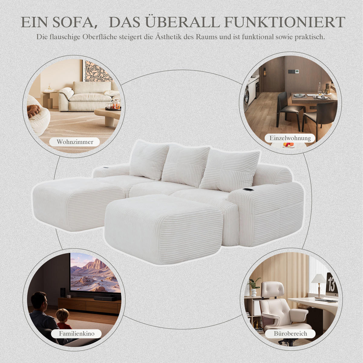 3-SITZER Wohnlandschaft Cord mit 2 Hockern Getränkehalter und Seitentasche 268/174/80 cm Beige - Beige, Textil (174/80/268cm) - Redom