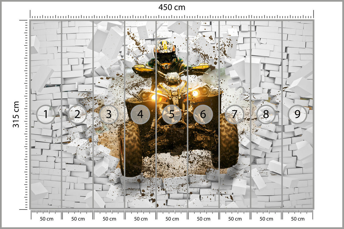 FOTOTAPETE für Büro Schlammbedecktes Quad Durchbricht Backsteinmauer 450x315 - Gelb/Beige, Papier (450/315cm) - Muralo