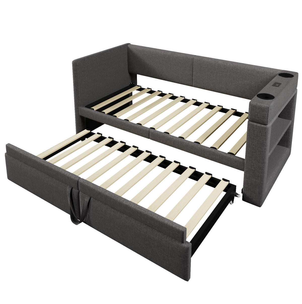 BETT 90/200 cm mit Ausziehbett, Armlehnen mit USB- & Type-C-Anschlüssen Getränkehalter Leinen-Mischgewebe Grau - Grau, Textil (90/200cm) - OKWISH