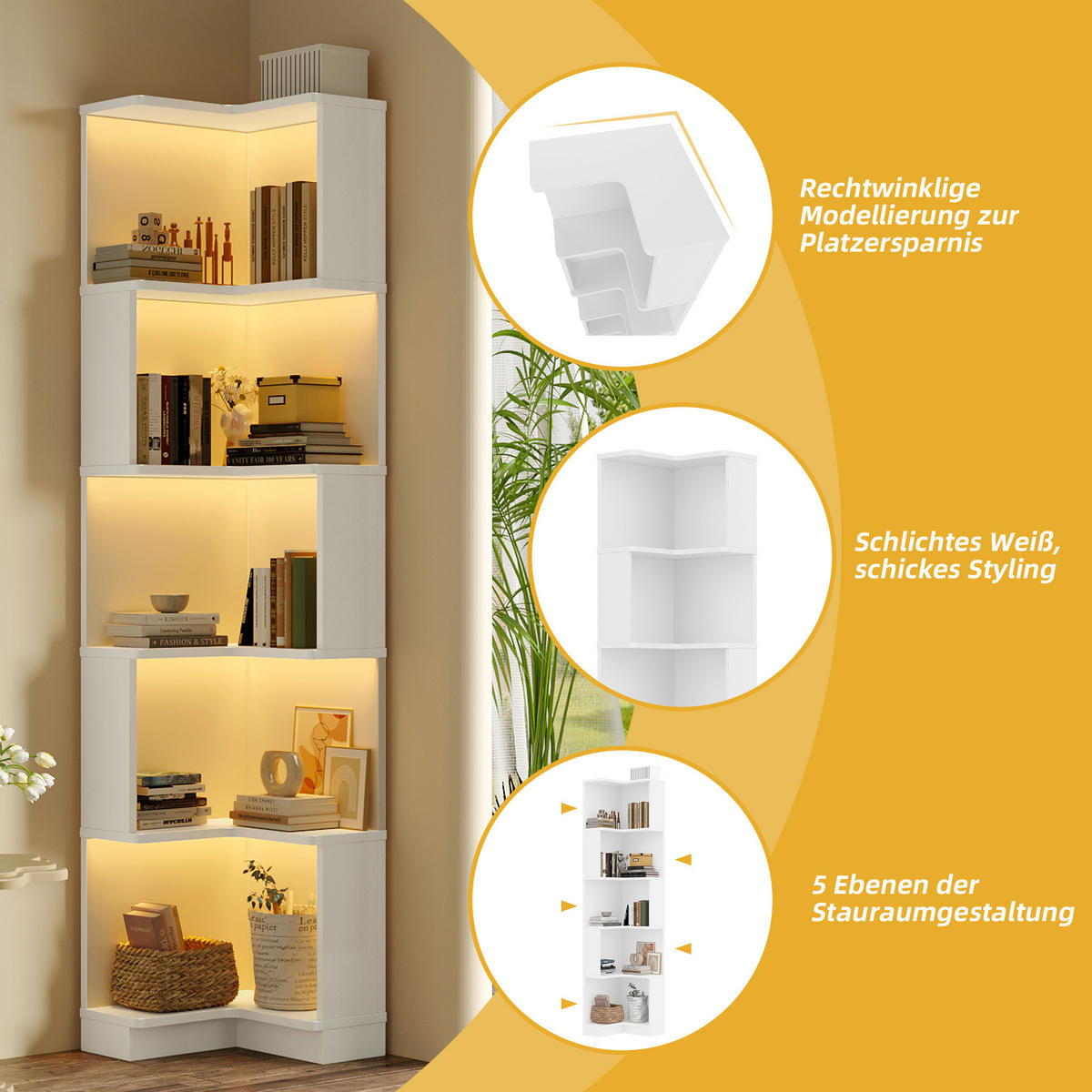 BÜCHERREGAL in Weiß mit LED für Arbeitszimmer und Büro, B63.5/T45/H175 cm - Weiß, Holzwerkstoff (63.5/175/45cm) - STILVORA